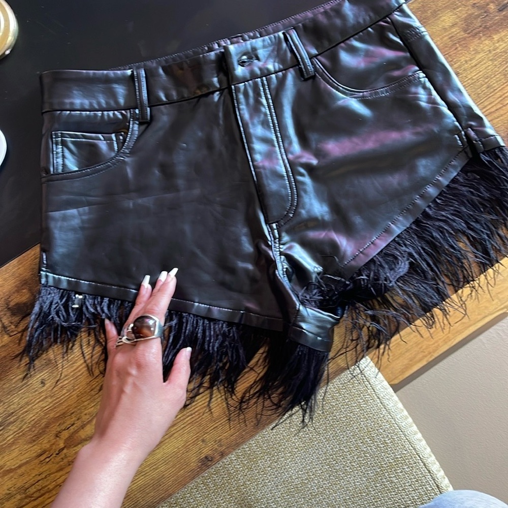 Black Faux Real Ostrich Leather Fringe Shorts